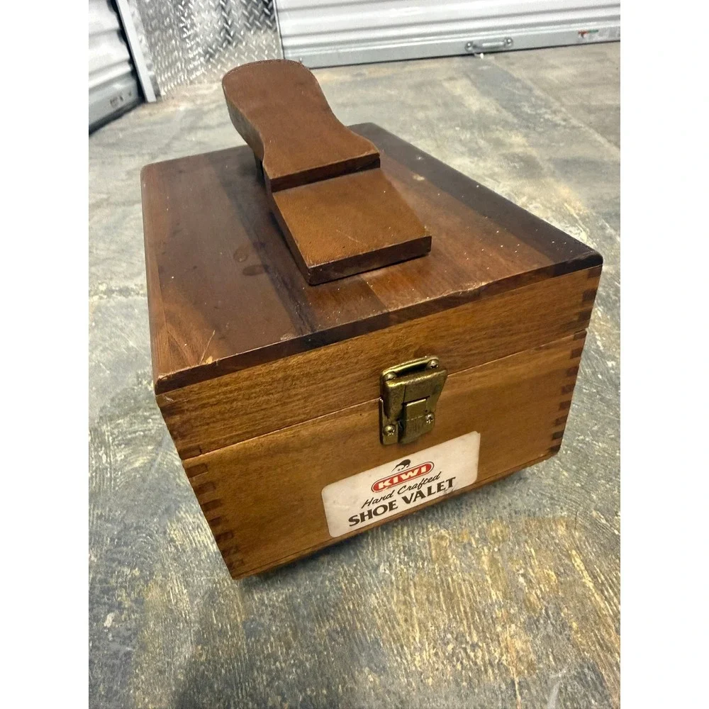 Vintage KIWI Hand‎ Crafted Shoe Valet Wooden Shine Box Dovetail Footrest Caddy